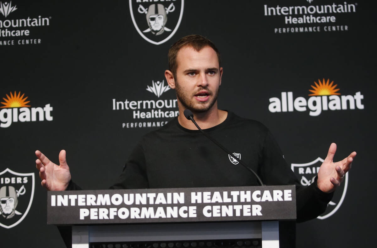 Raiders wide receiver Hunter Renfrow speaks during a press conference at Raiders Headquarters a ...