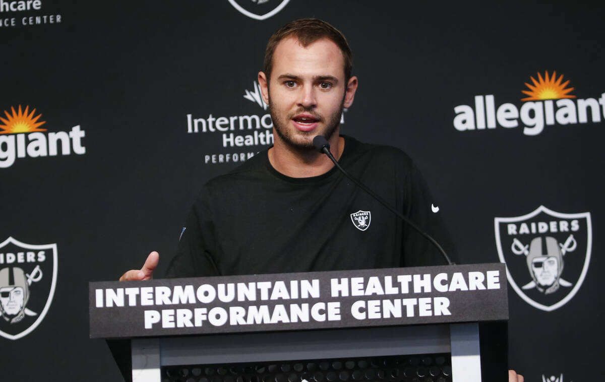 Raiders wide receiver Hunter Renfrow speaks during a press conference at Raiders Headquarters a ...