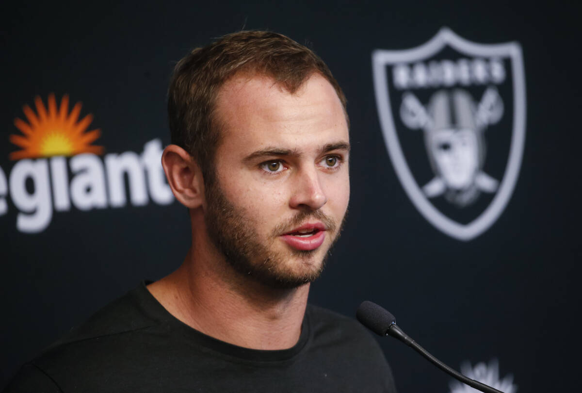 Raiders wide receiver Hunter Renfrow speaks during a press conference at Raiders Headquarters a ...