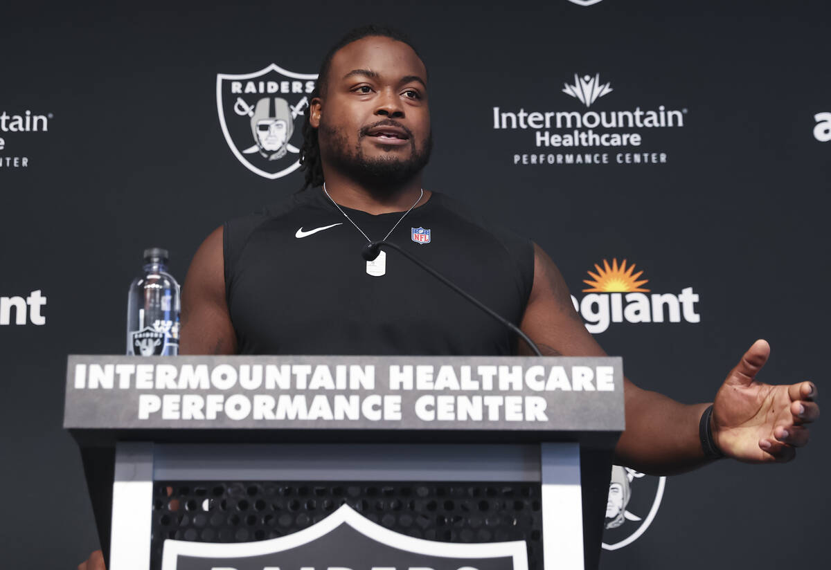 Raiders offensive guard John Simpson speaks during a press conference at Raiders Headquarters a ...