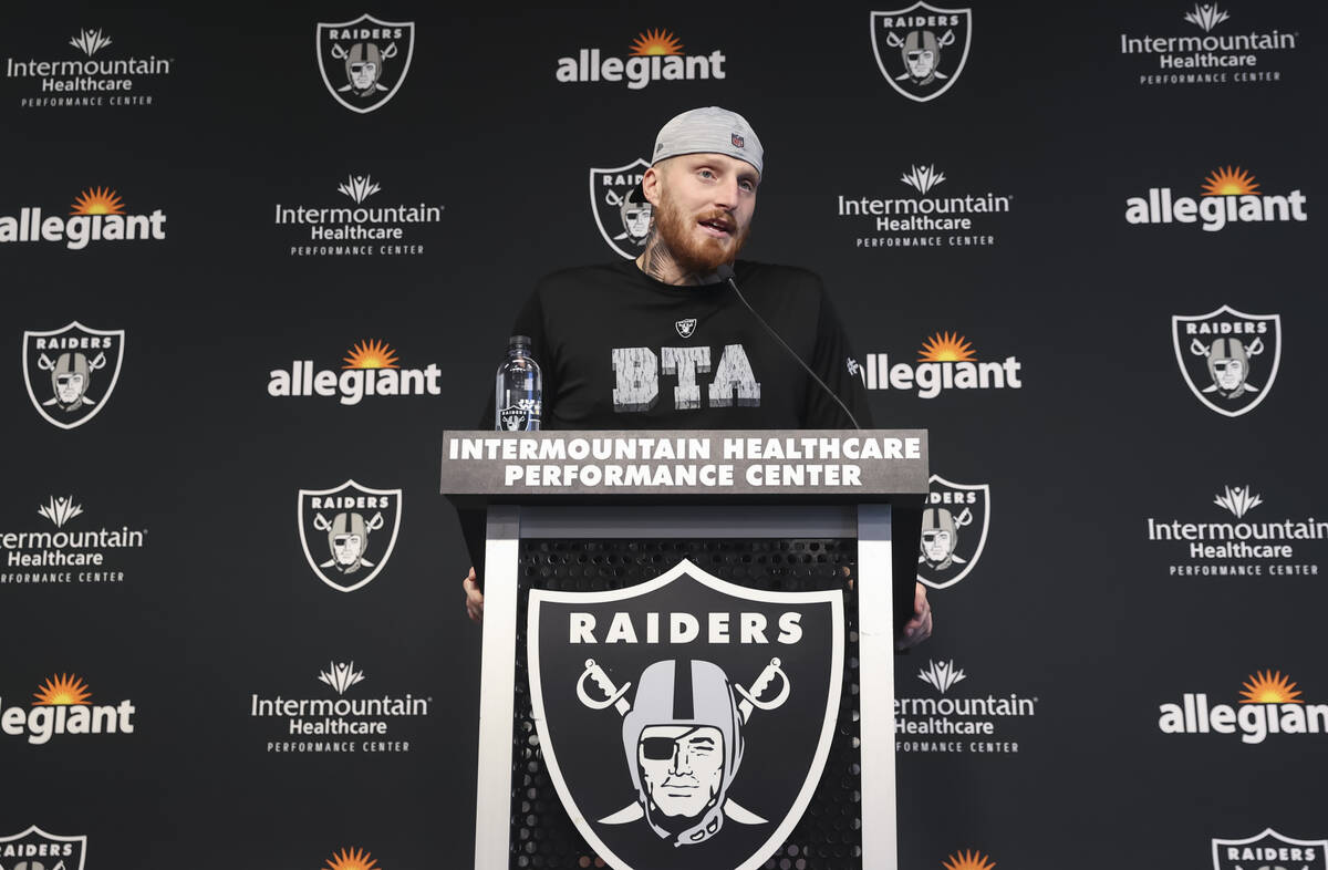 Raiders defensive end Maxx Crosby speaks during a press conference at Raiders Headquarters and ...