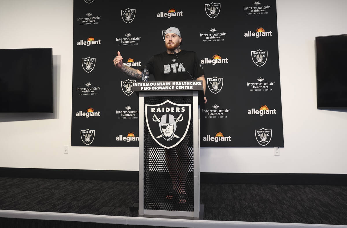 Raiders defensive end Maxx Crosby speaks during a press conference at Raiders Headquarters and ...