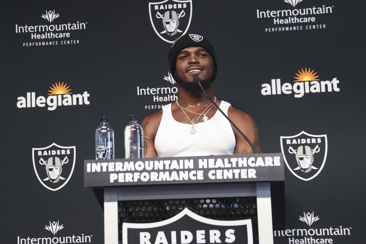 Raiders linebacker Denzel Perryman speaks during a press conference at Raiders Headquarters and ...