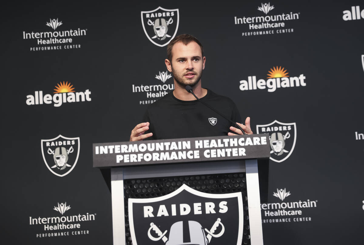 Raiders wide receiver Hunter Renfrow speaks during a press conference at Raiders Headquarters a ...