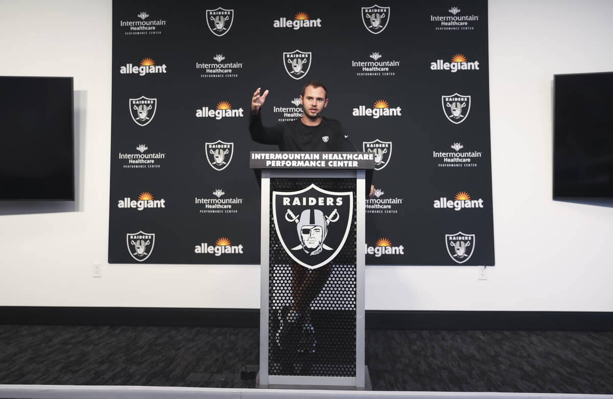 Raiders wide receiver Hunter Renfrow speaks during a press conference at Raiders Headquarters a ...