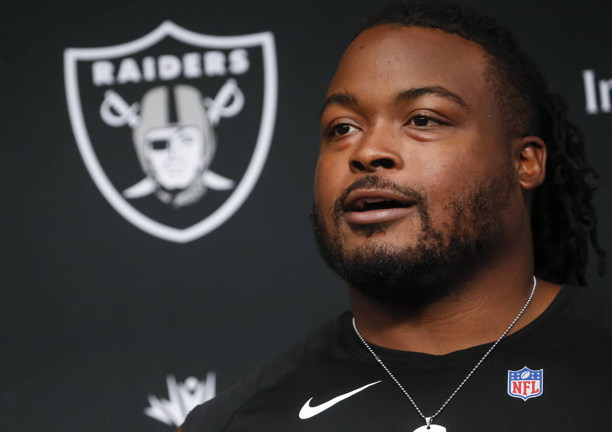 Raiders offensive guard John Simpson speaks during a press conference at Raiders Headquarters a ...