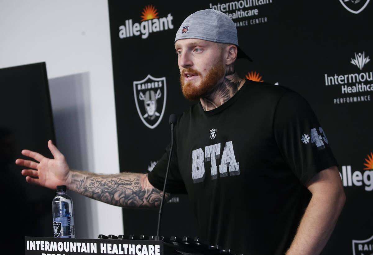 Raiders defensive end Maxx Crosby speaks during a press conference at Raiders Headquarters and ...