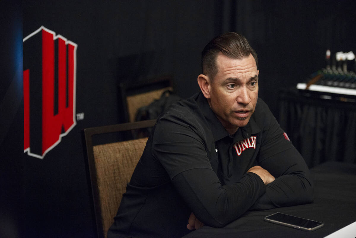 UNLV head coach Marcus Arroyo speaks at media day for the Mountain West conference at Mandalay ...