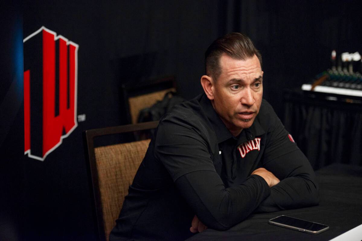 UNLV head coach Marcus Arroyo speaks at media day for the Mountain West conference at Mandalay ...