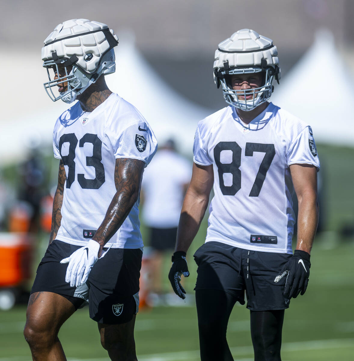 Tight ends Darren Waller (83) and Foster Moreau (87) during the Raiders first practice at train ...