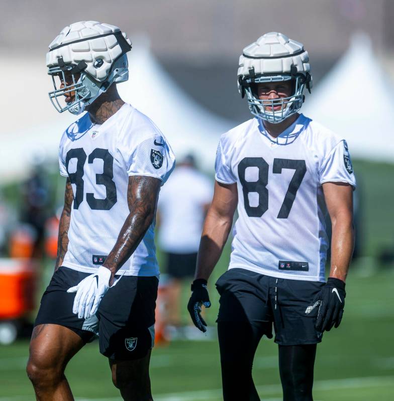 Tight ends Darren Waller (83) and Foster Moreau (87) during the Raiders first practice at train ...