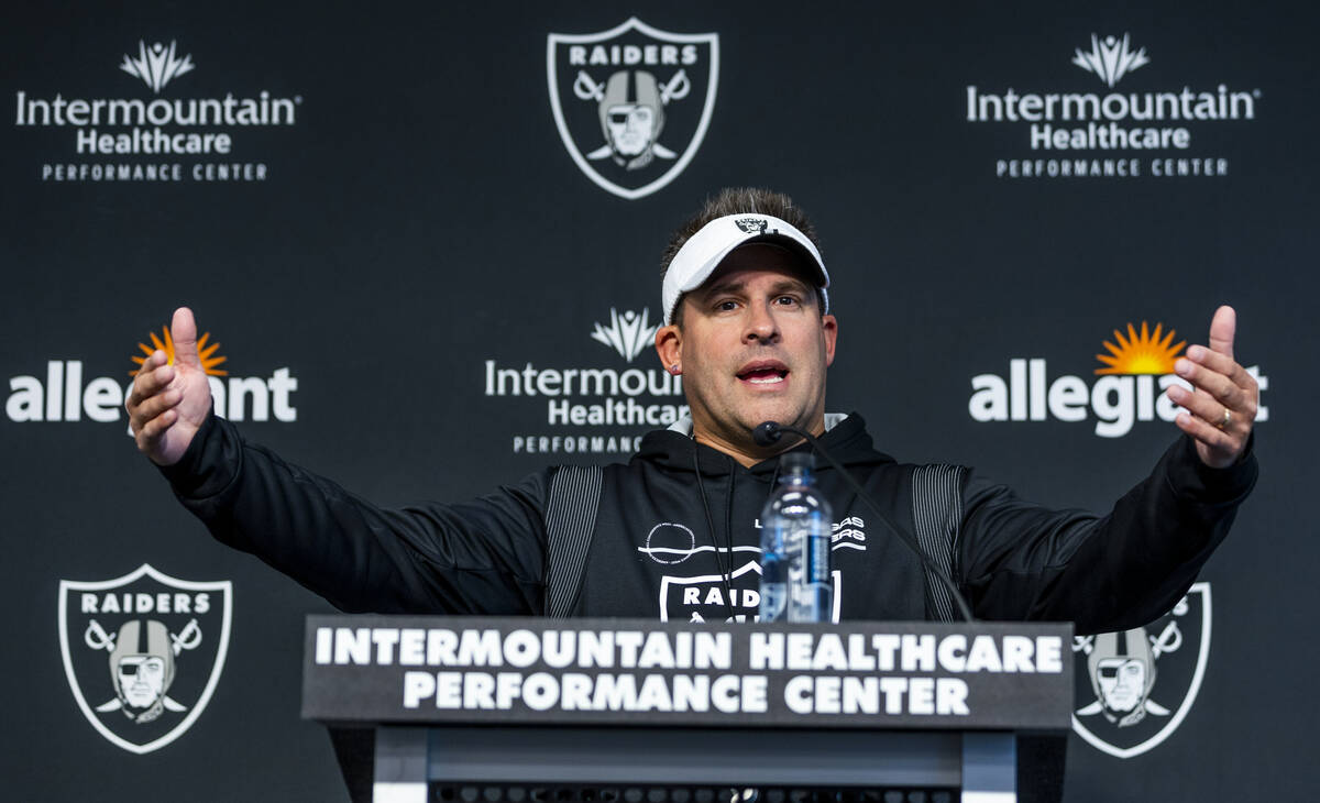 Raiders head coach Josh McDaniels talks about their first practice at training camp in the Inte ...