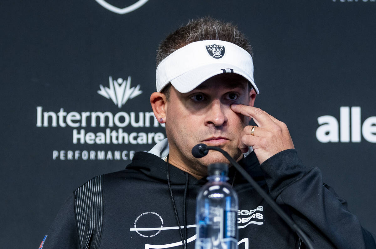 Raiders head coach Josh McDaniels during their first practice at training camp in the Intermoun ...