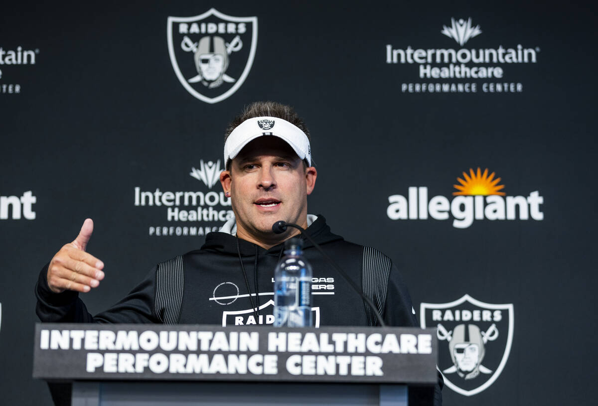 Raiders head coach Josh McDaniels talks about their first practice at training camp in the Inte ...