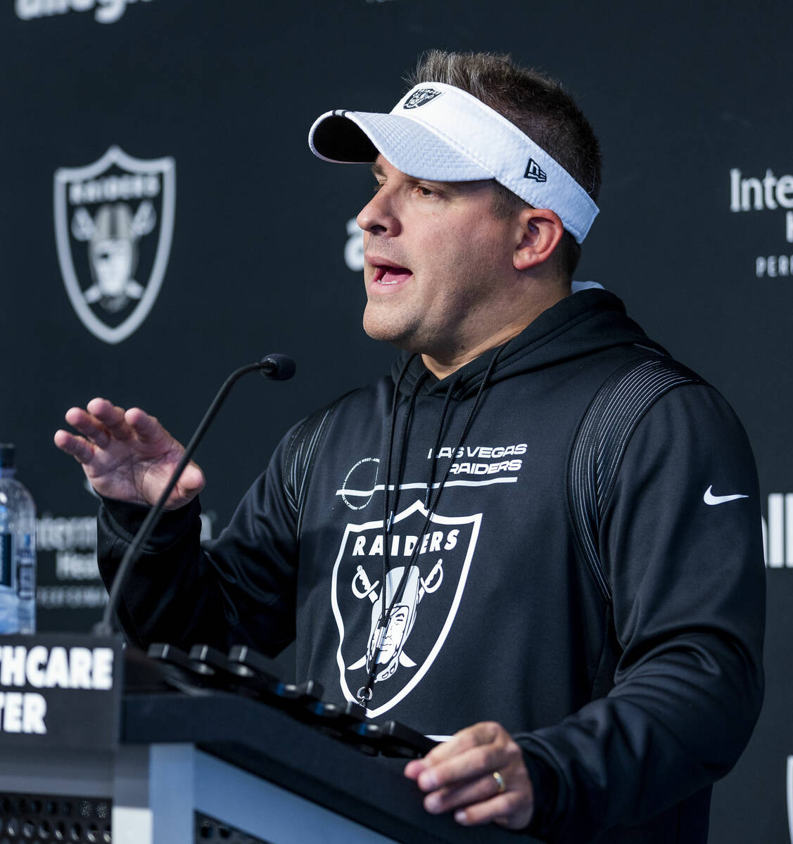 Raiders head coach Josh McDaniels talks about their first practice at training camp in the Inte ...