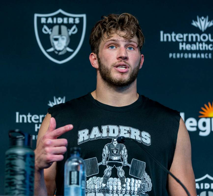 Tight end Foster Moreau (87) speaks in a press conference during the Raiders first practice at ...