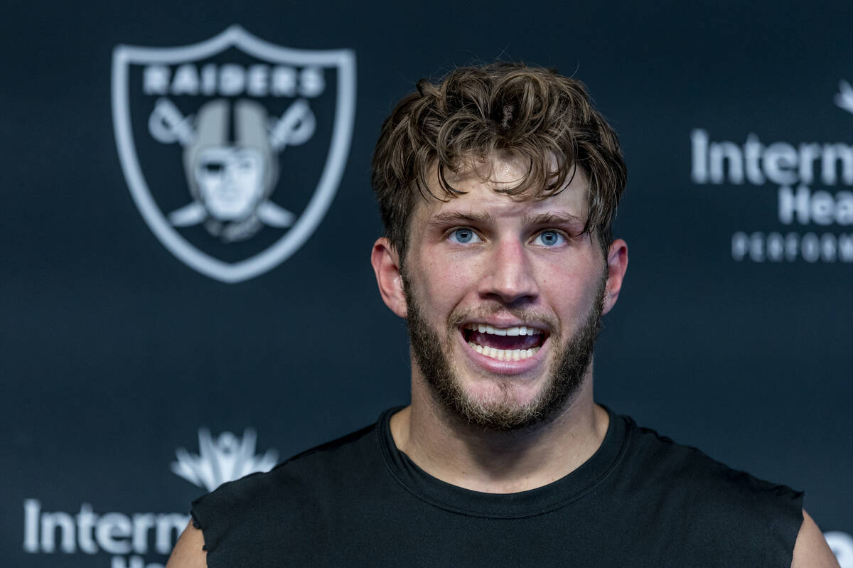 Tight end Foster Moreau (87) speaks in a press conference during the Raiders first practice at ...