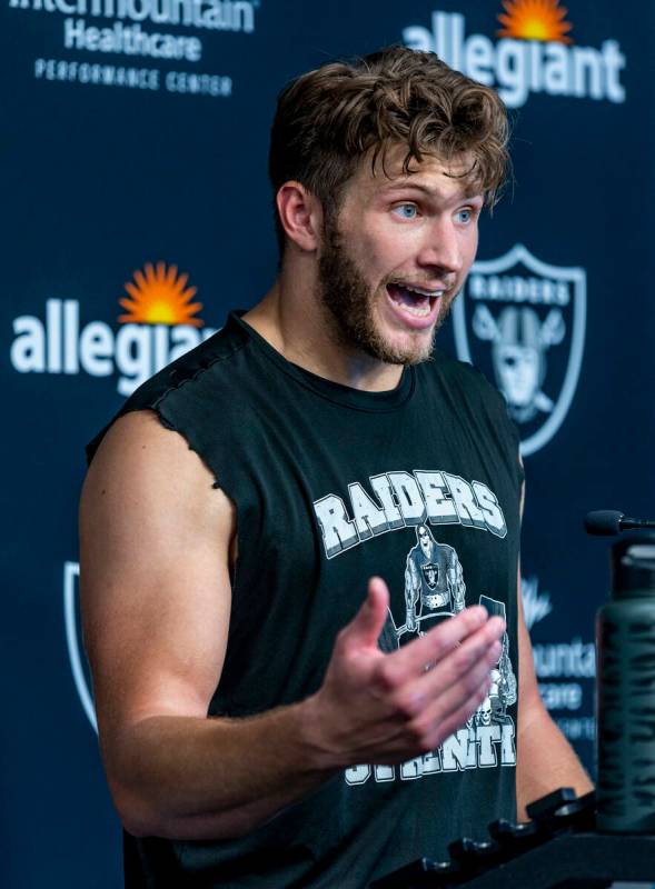 Tight end Foster Moreau (87) speaks in a press conference during the Raiders first practice at ...