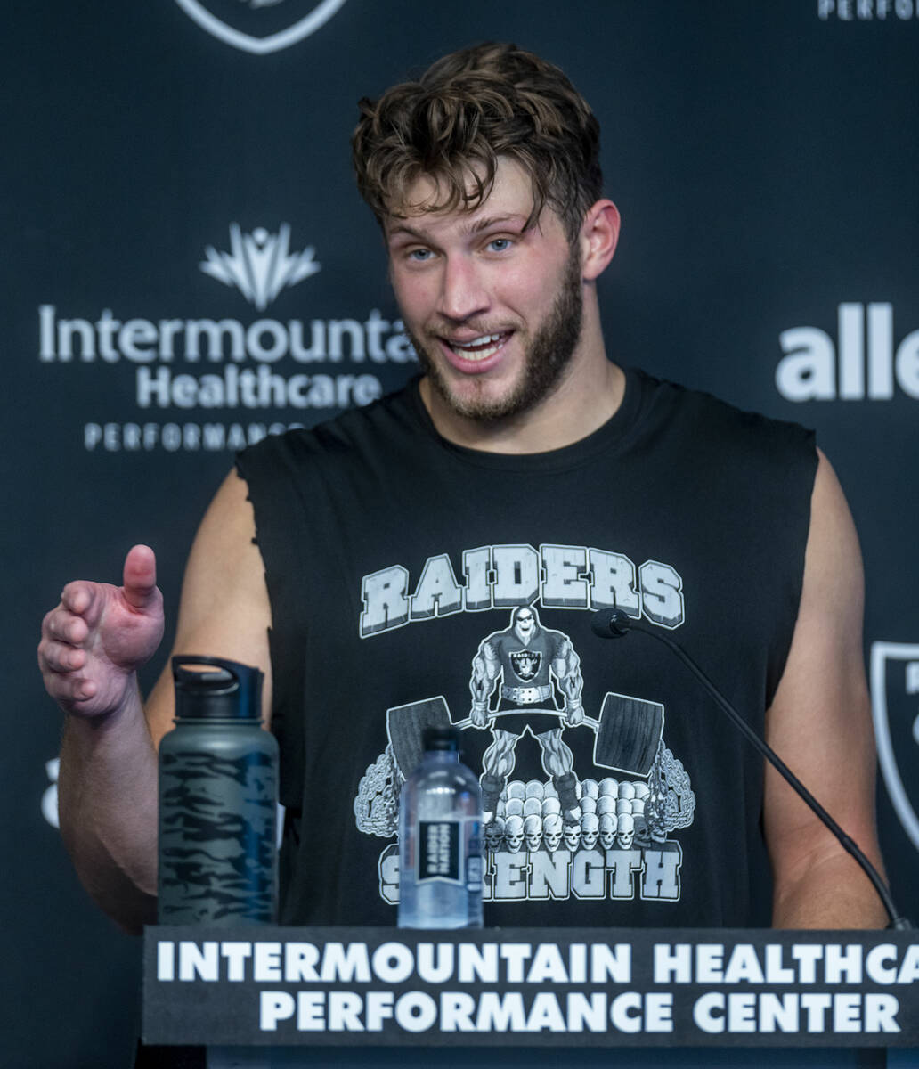 Tight end Foster Moreau (87) speaks in a press conference during the Raiders first practice at ...