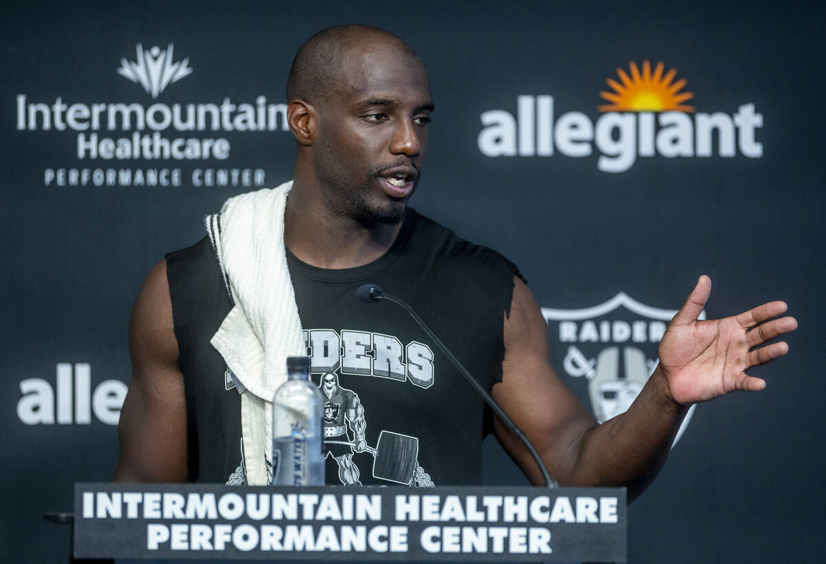 Safety Duron Harmon speaks in a press conference during the Raiders first practice at training ...