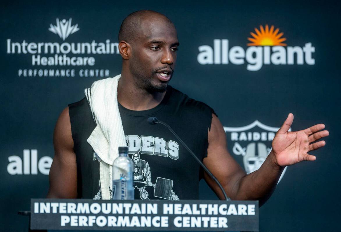 Safety Duron Harmon speaks in a press conference during the Raiders first practice at training ...