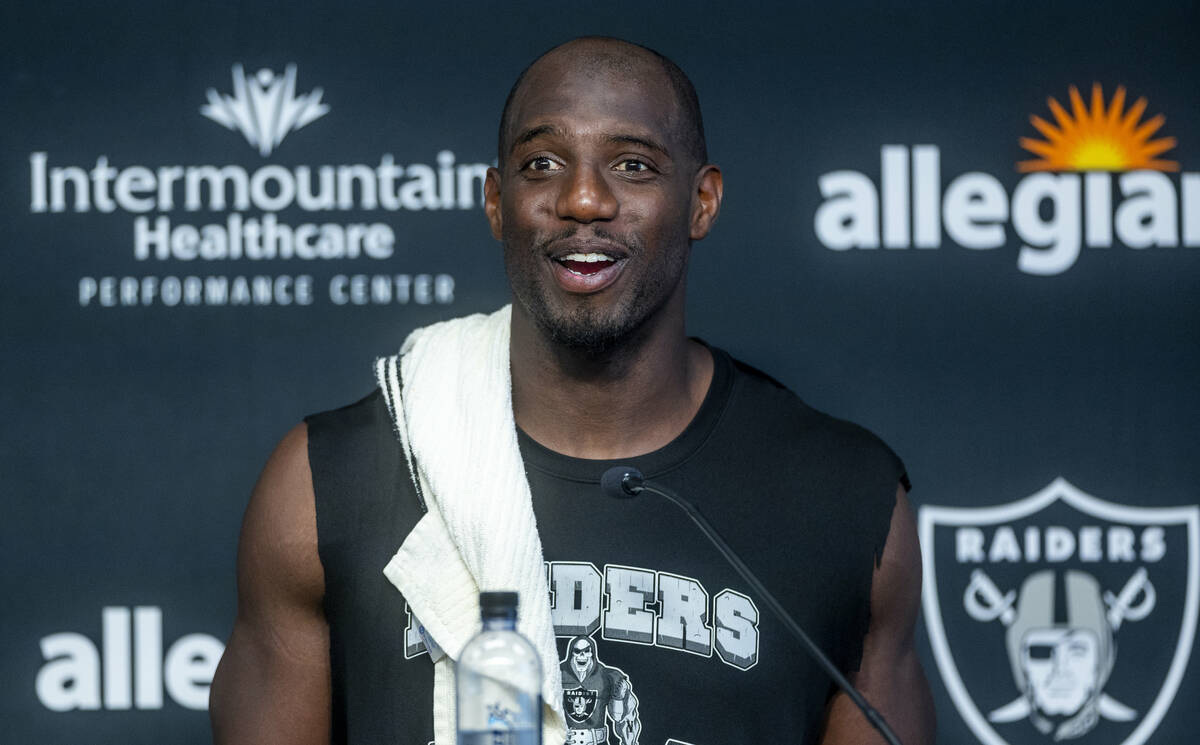 Safety Duron Harmon speaks in a press conference during the Raiders first practice at training ...