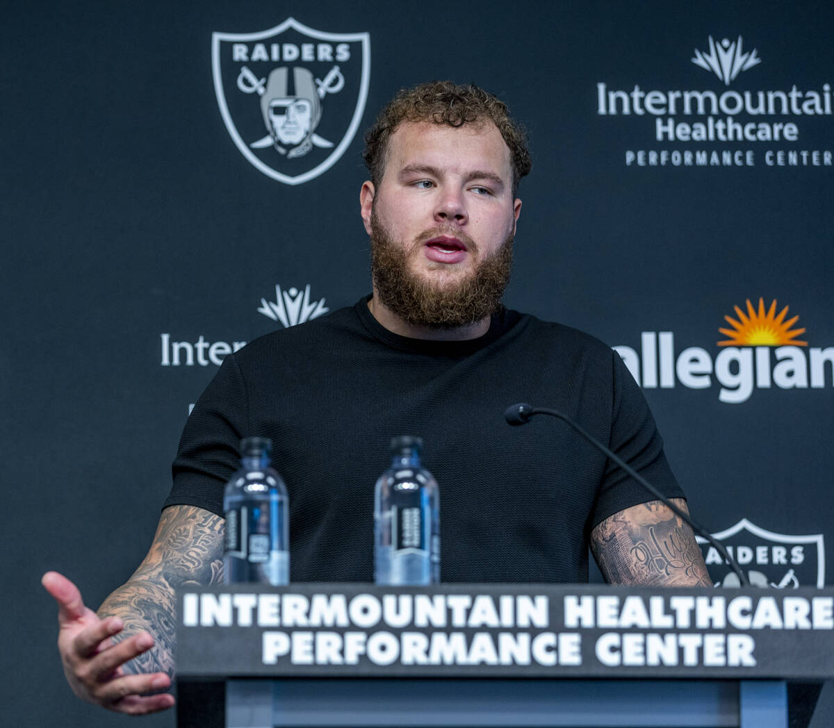 Center Andre James speaks in a press conference during the Raiders first practice at training c ...