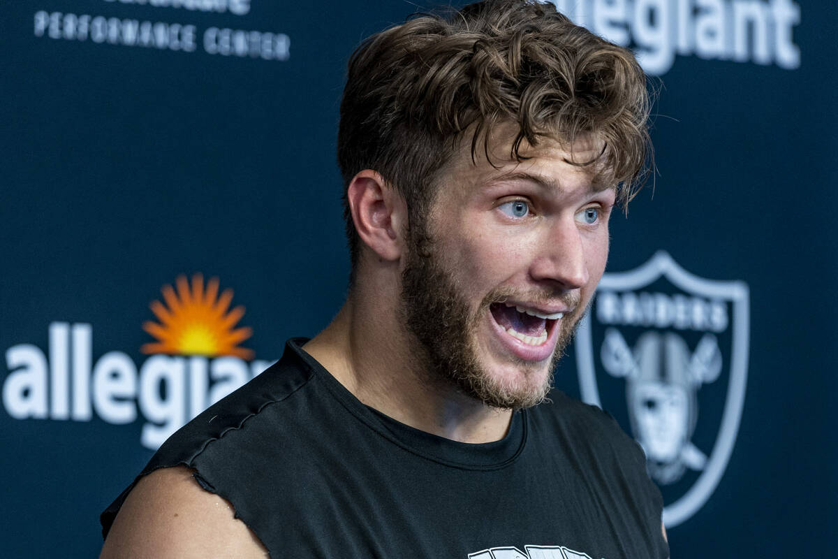 Tight end Foster Moreau (87) speaks in a press conference during the Raiders first practice at ...