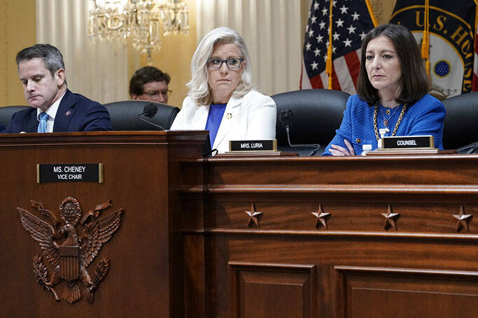 From left, Rep. Adam Kinzinger, R-Ill., Vice Chair Liz Cheney, R-Wyo., and Rep. Elaine Luria, D ...