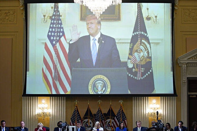 A video of President Donald Trump recording a statement on Jan. 7, 2021, is played, as the Hous ...