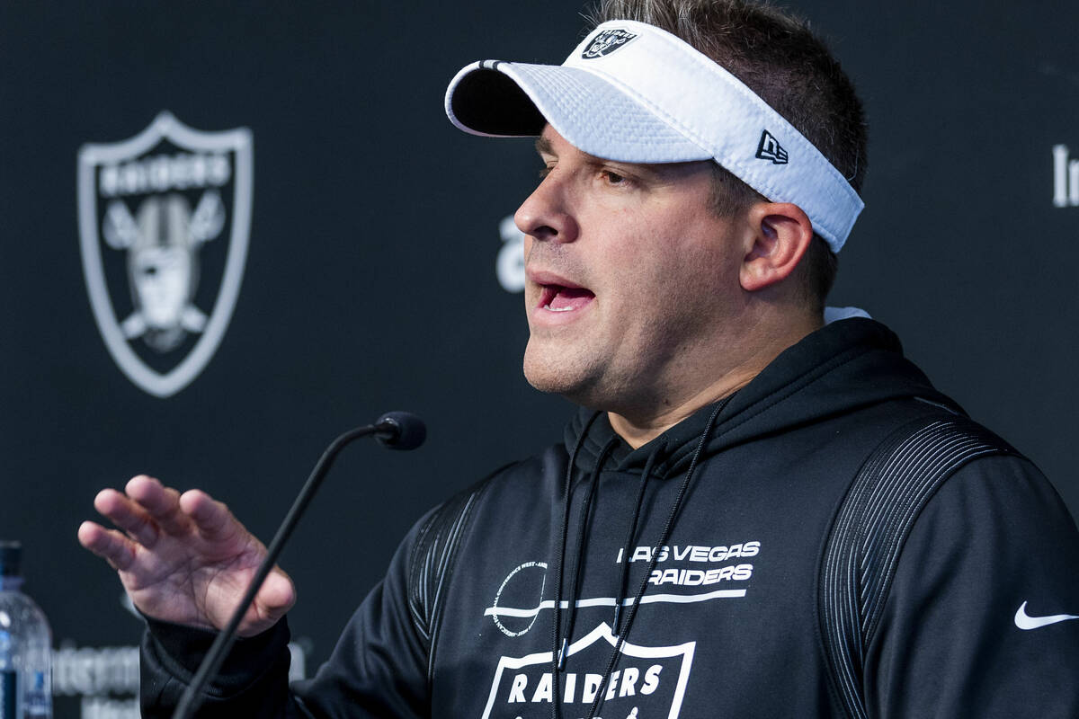 Raiders head coach Josh McDaniels talks about their first practice at training camp in the Inte ...