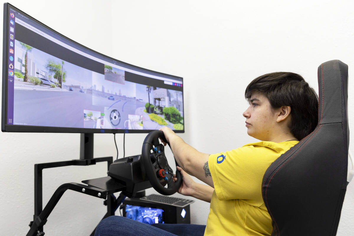 Remote car pilot Antonella Siracusa-Rosa demonstrates driving a Halo.Car at the startup’ ...