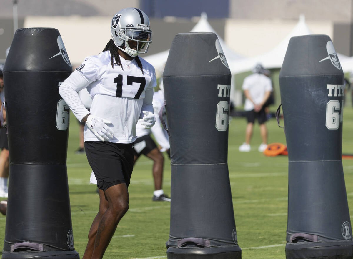 Raiders wide receiver Davante Adams (17) runs the drill during team's practice at training camp ...