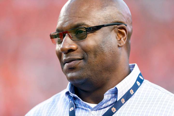 Former MLB and NFL player Bo Jackson, watches Auburn and Clemson practice before an NCAA colleg ...