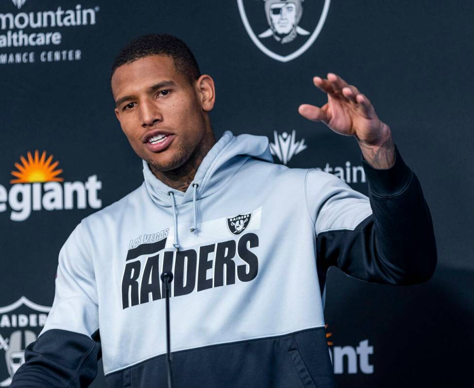 Raiders tight end Darren Waller (83) talks during a press conference at training camp in the In ...