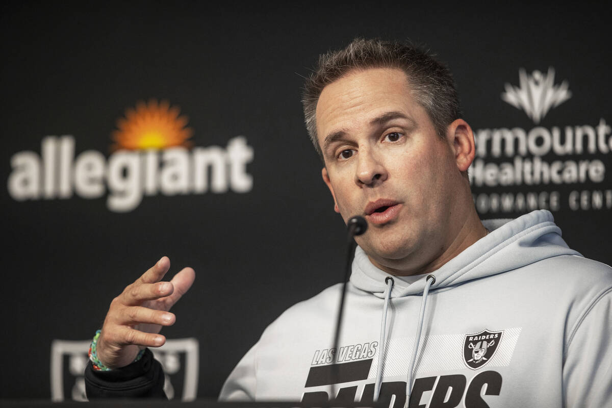 Raiders head coach Josh McDaniels responds to media questions during a news conference prior to ...