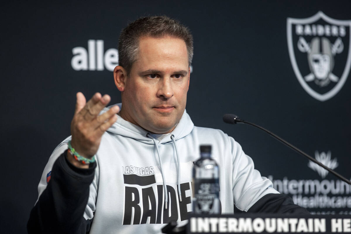Raiders head coach Josh McDaniels answers questions from the media during a news conference pri ...