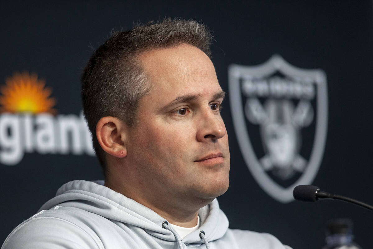 Raiders head coach Josh McDaniels listens to questions from the media during a news conference ...