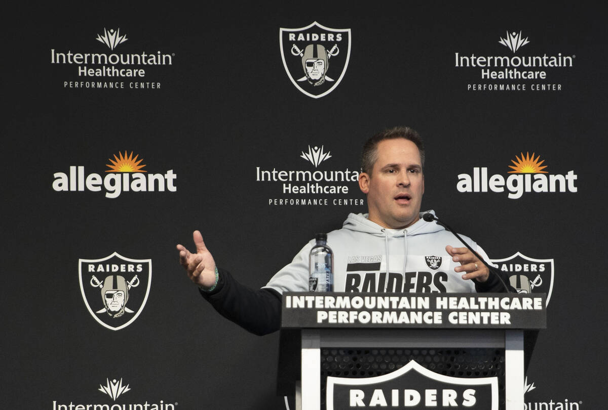 Raiders head coach Josh McDaniels responds to a question during a news conference prior to the ...
