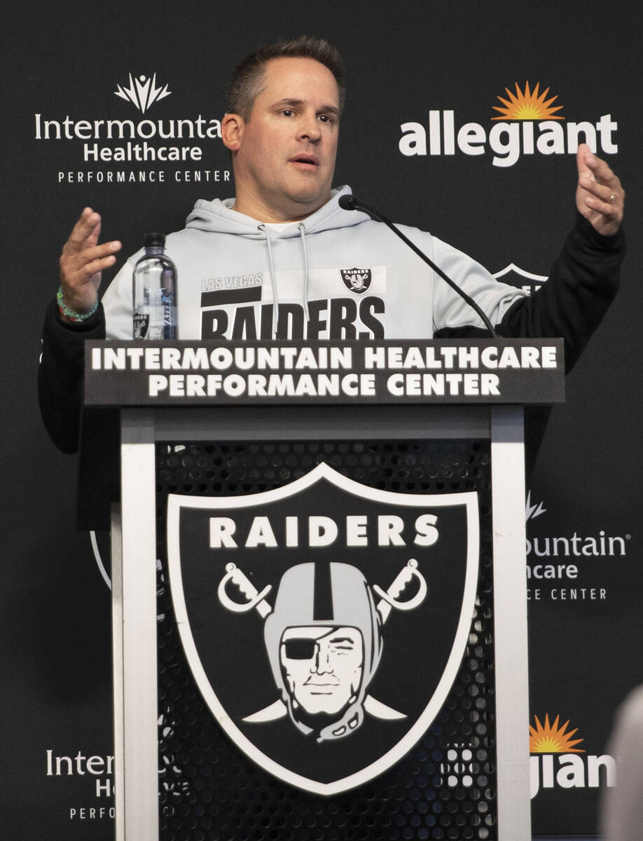 Raiders head coach Josh McDaniels responds to a question during a news conference prior to the ...