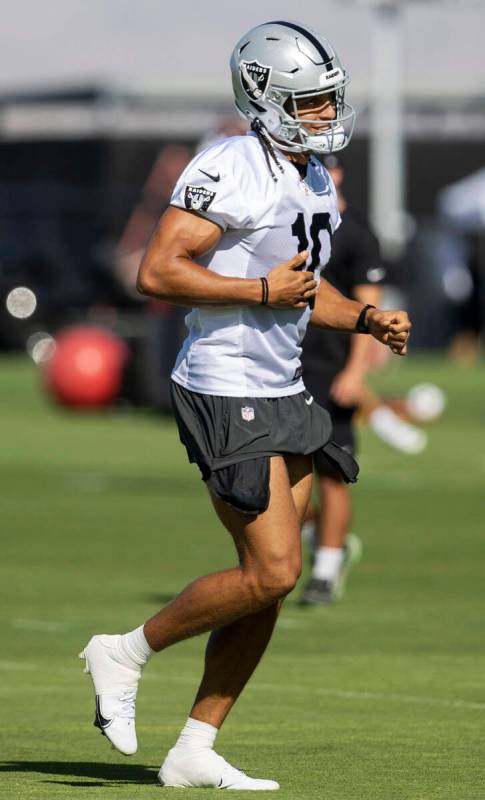 Raiders wide receiver Mack Hollins (10) prepares to drill during the team’s training cam ...