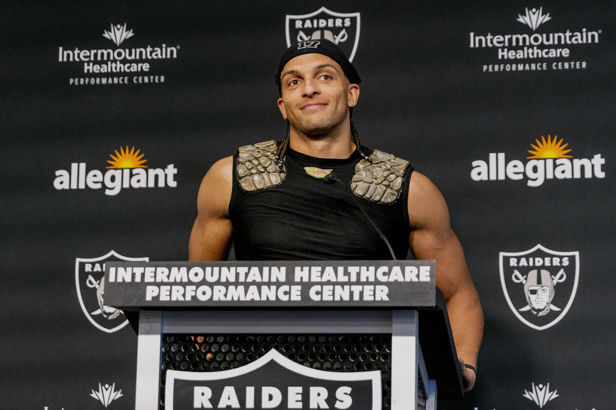Raiders wide receiver Mack Hollins (10) fields questions from the media during a news conferenc ...