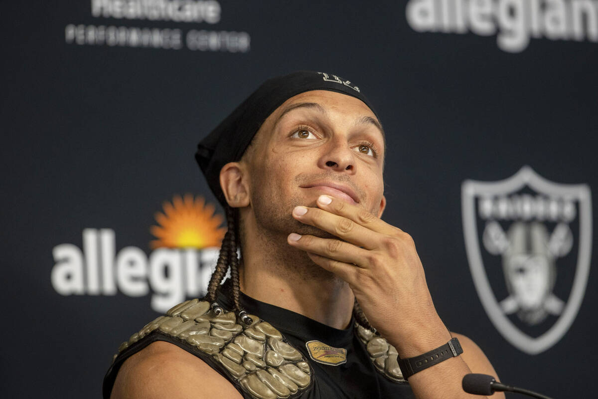 Raiders wide receiver Mack Hollins (10) reacts to a question asked during a news conference aft ...