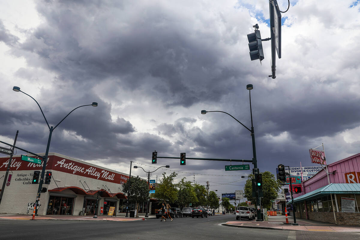 Storm cloud cover in the Arts District in Las Vegas, Monday, July 25, 2022. (Rachel Aston/Las V ...