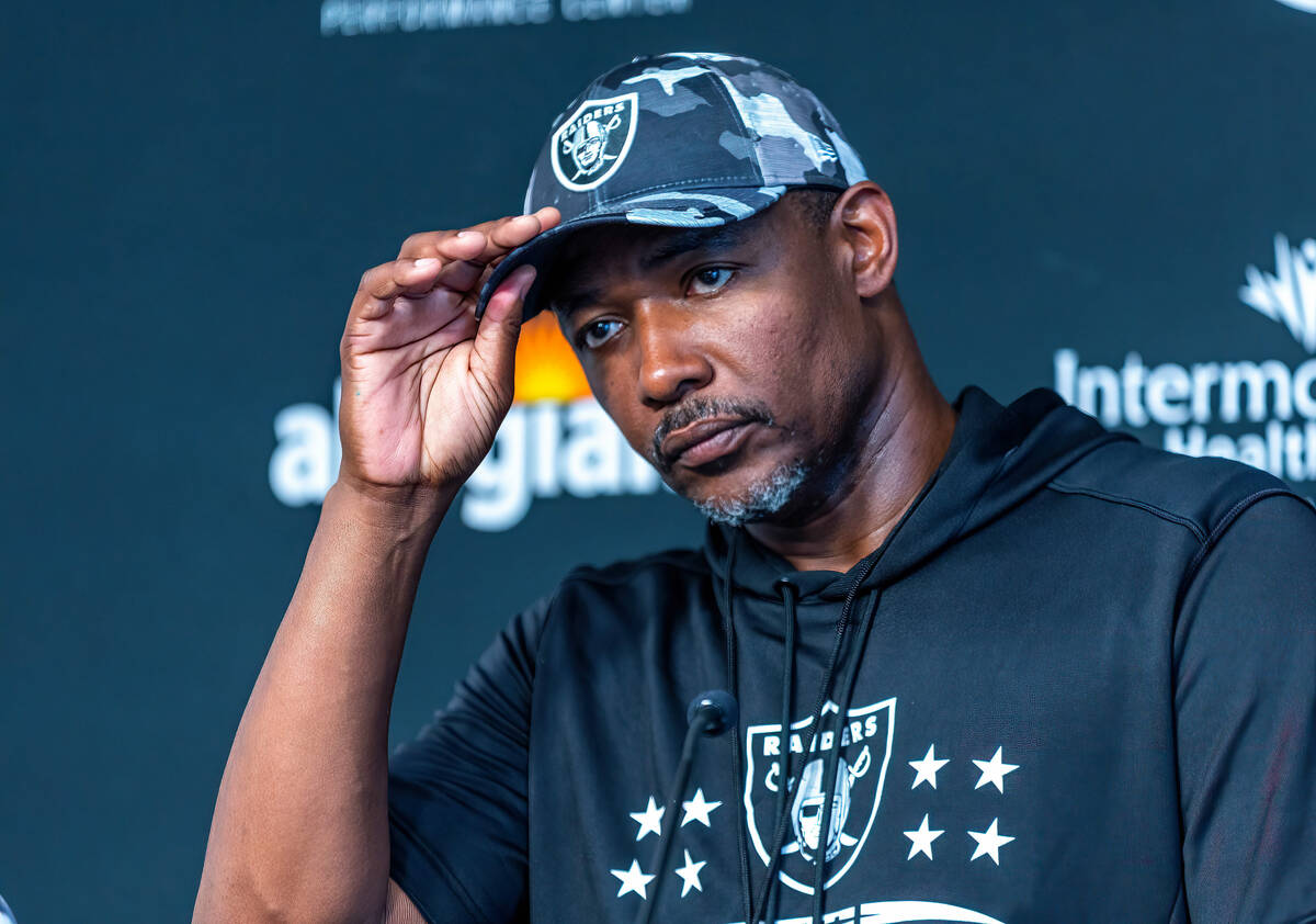 Raiders defensive coordinator Patrick Graham considers a question during a press conference at ...