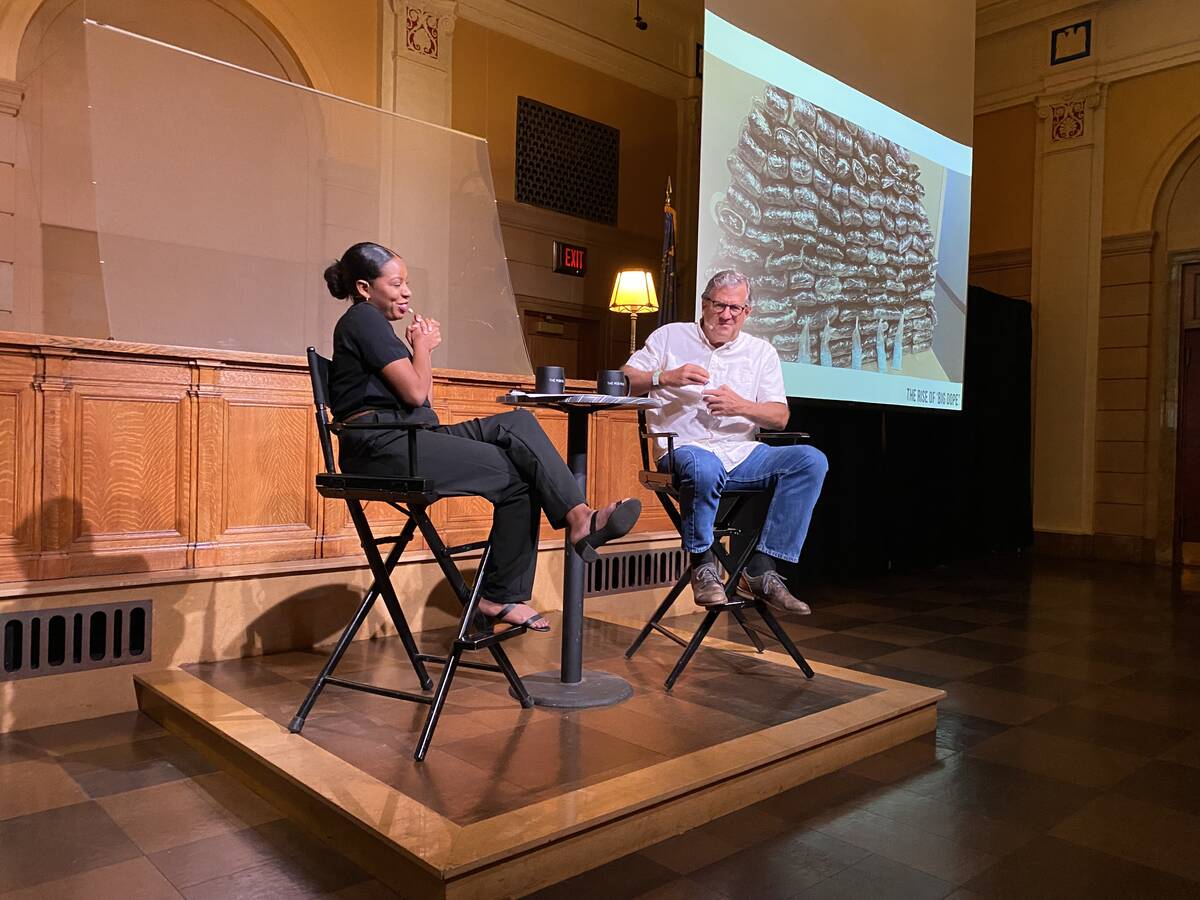 Shakala Alvaranga and Sam Quinones during a discussion about the opioid crisis at The Mob Museu ...