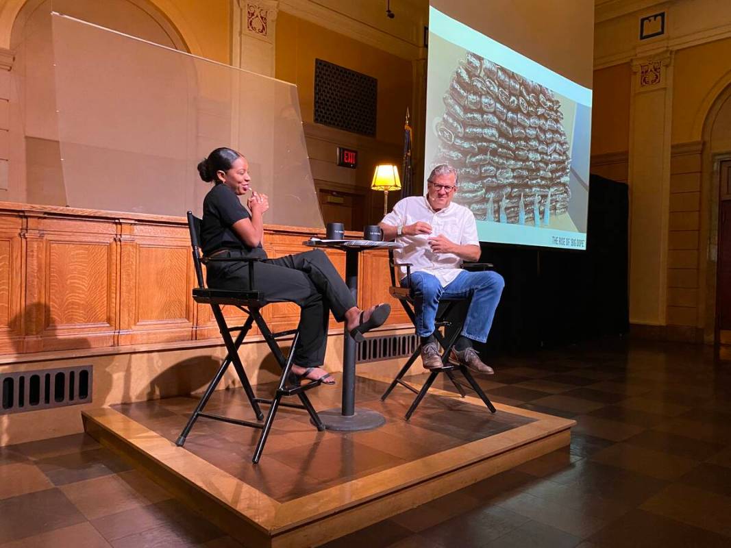 Shakala Alvaranga and Sam Quinones during a discussion about the opioid crisis at The Mob Museu ...