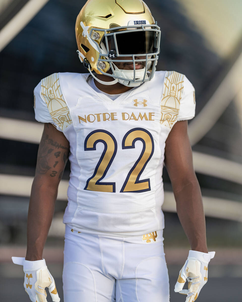 Notre Dame's uniform for its Shamrock Series game against Brigham Young on Oct. 8 at Allegiant ...