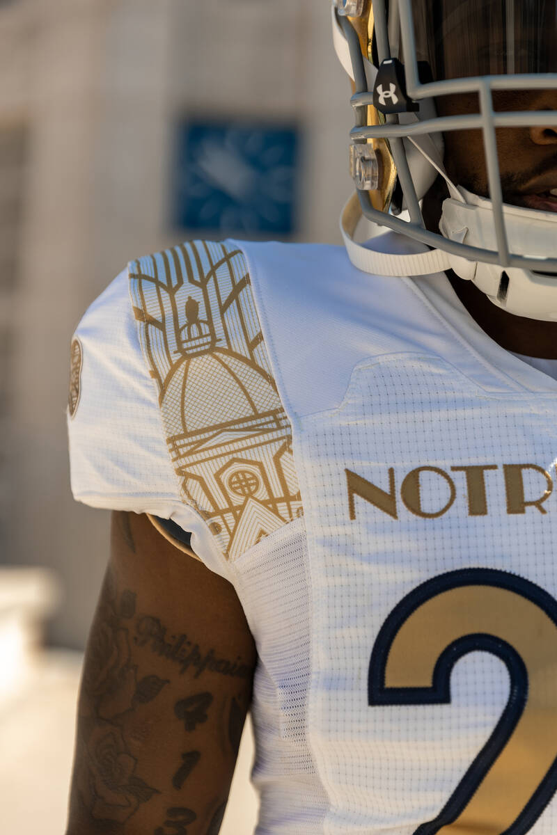 Notre Dame's uniform for its Shamrock Series game against Brigham Young on Oct. 8 at Allegiant ...