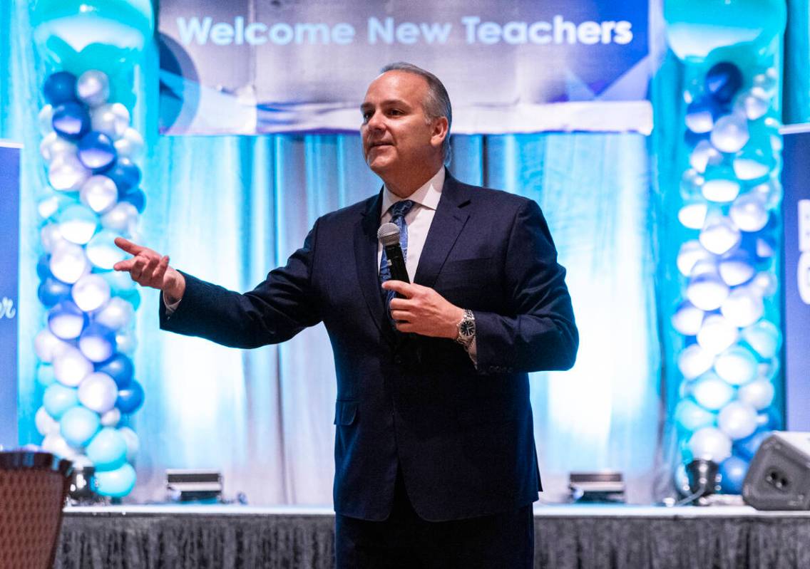 Superintendent Jesus Jara speaks during a new teacher kickoff event at the Rio on Thursday, Jul ...
